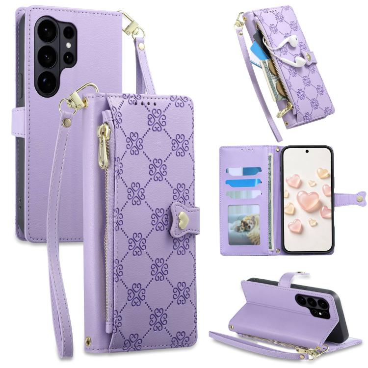 Portafoglio con cerniera, fibbia a cuore, custodia per telefono in ecopelle con cinturino da polso, For Galaxy S26 FE 5G, For Galaxy S26+ 5G, For Galaxy S26 Edge 5G, For Galaxy S26 Ultra 5G