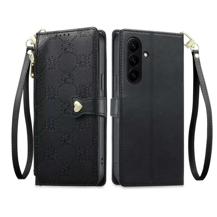 Portafoglio con cerniera, fibbia a cuore, custodia per telefono in ecopelle con cinturino da polso, For Galaxy S26 FE 5G, For Galaxy S26+ 5G, For Galaxy S26 Edge 5G, For Galaxy S26 Ultra 5G