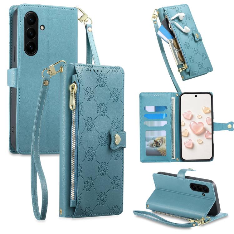 Portafoglio con cerniera, fibbia a cuore, custodia per telefono in ecopelle con cinturino da polso, For Galaxy S26 FE 5G, For Galaxy S26+ 5G, For Galaxy S26 Edge 5G, For Galaxy S26 Ultra 5G