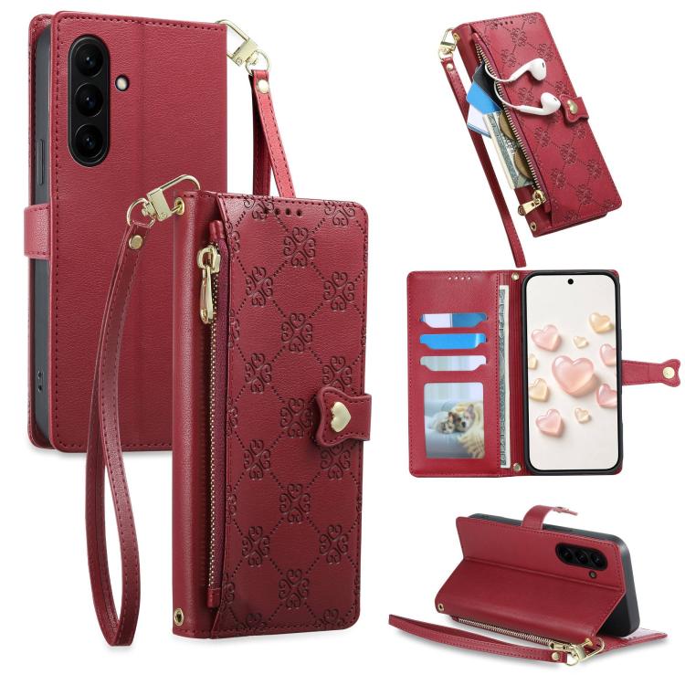 Portafoglio con cerniera, fibbia a cuore, custodia per telefono in ecopelle con cinturino da polso, For Galaxy S26 FE 5G, For Galaxy S26+ 5G, For Galaxy S26 Edge 5G, For Galaxy S26 Ultra 5G