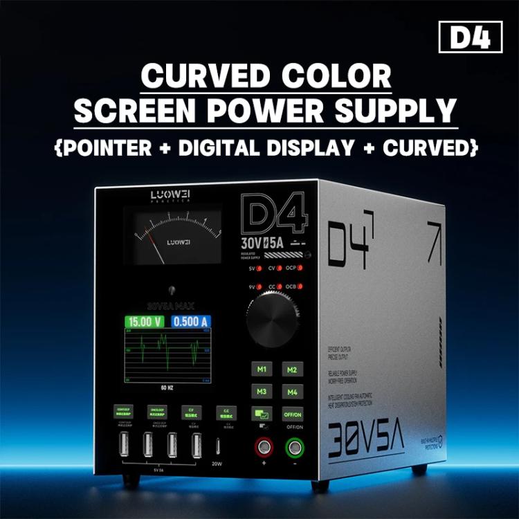 LUOWEI D4 30V/5A Amperometro CC a quattro canali con memoria, uscita ad alta frequenza e schermo a colori curvo