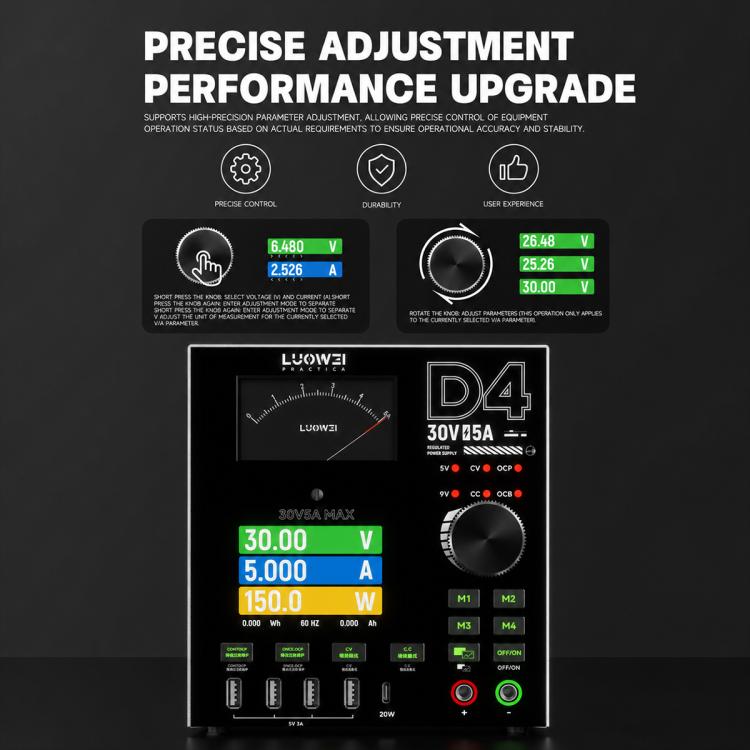 LUOWEI D4 30V/5A Amperometro CC a quattro canali con memoria, uscita ad alta frequenza e schermo a colori curvo