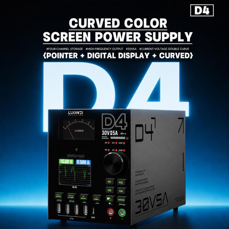 LUOWEI D4 30V/5A Amperometro CC a quattro canali con memoria, uscita ad alta frequenza e schermo a colori curvo