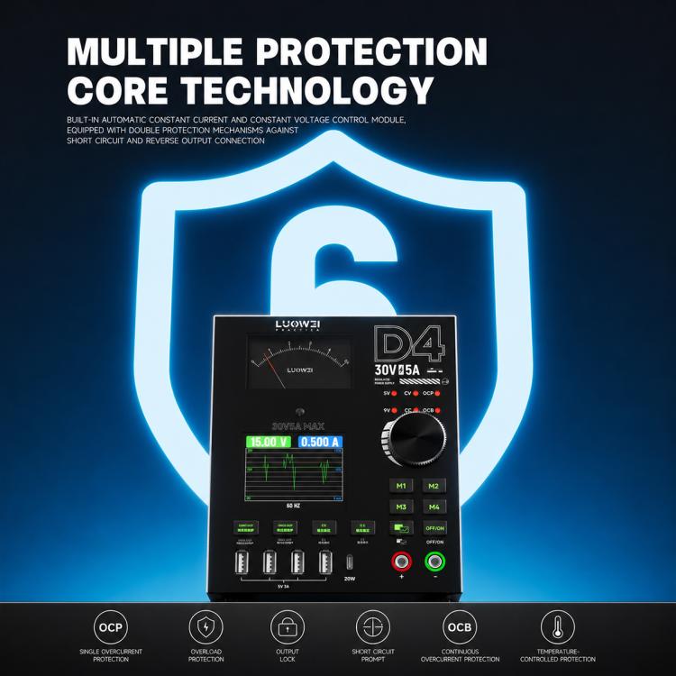 LUOWEI D4 30V/5A Amperometro CC a quattro canali con memoria, uscita ad alta frequenza e schermo a colori curvo