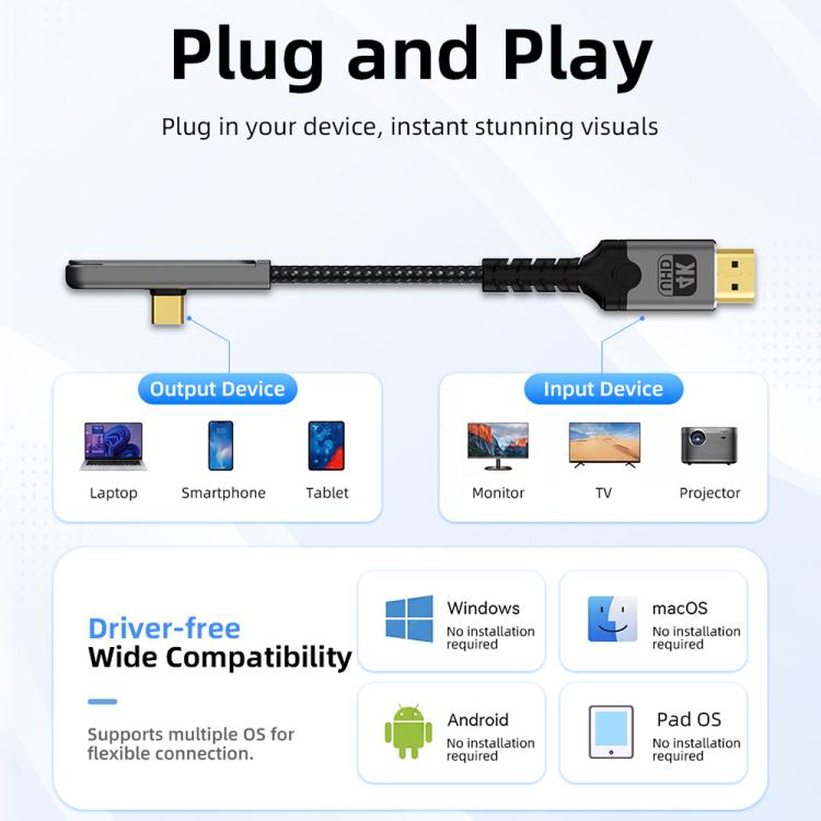 Cavo video Ultra HD 4K 30Hz DOONJIEY DJMS09 da Type-C a HDTV con supporto per telefono e supporto per smartphone., Type-C to HDTV 4K
