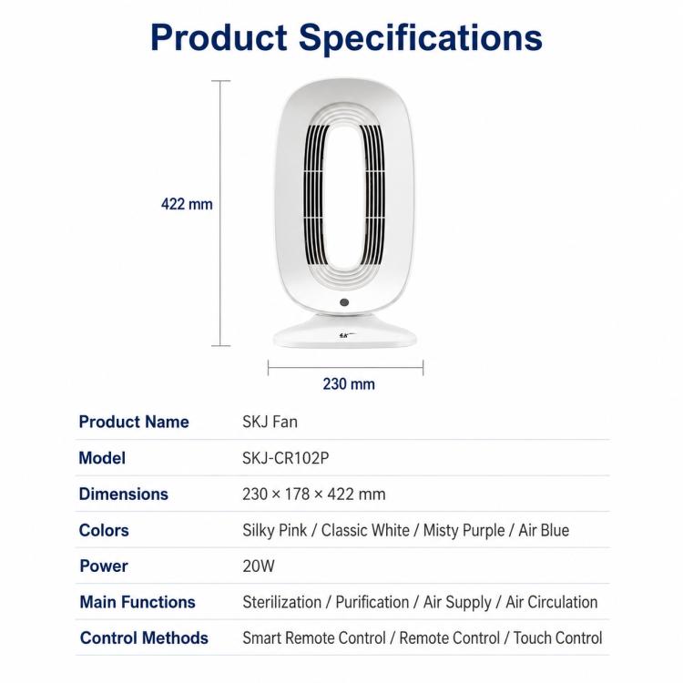 Ventilatore intelligente senza pale SK SKJ-CR102P con tecnologia a ioni negativi, telecomando e controllo vocale.