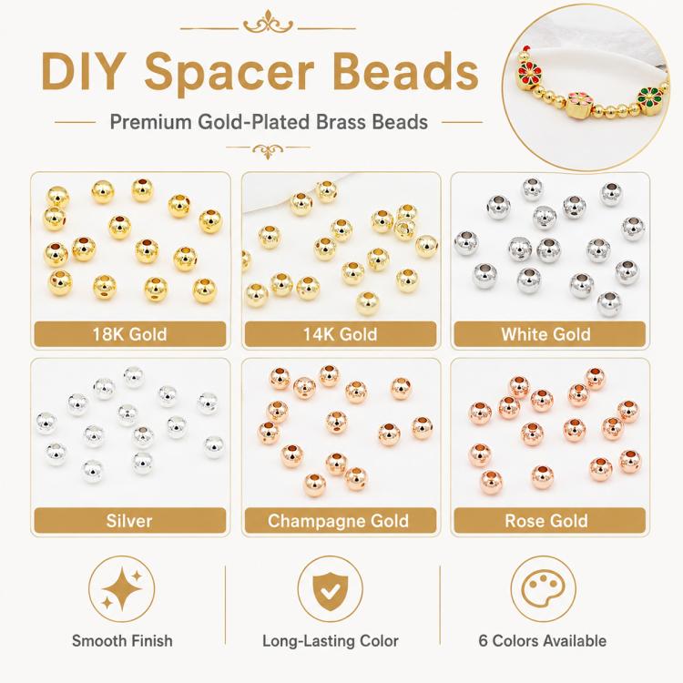 100 pezzi/confezione Perline distanziatrici rotonde placcate oro per la creazione di gioielli fai da te, finitura liscia, foro dritto, 2mm Hole 0.8mm, 2.5mm Hole 1.0mm, 3mm Hole 1.2mm, 3mm Hole 1.5mm