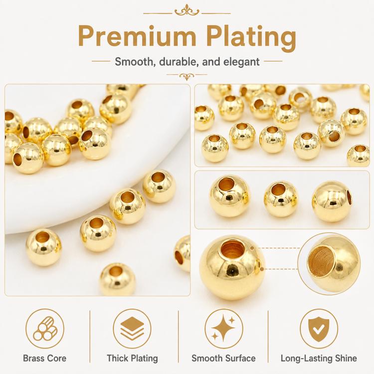 100 pezzi/confezione Perline distanziatrici rotonde placcate oro per la creazione di gioielli fai da te, finitura liscia, foro dritto, 4mm Hole 1.5mm, 4mm Hole 2mm, 5mm Hole 1.5mm, 5mm Hole 2mm