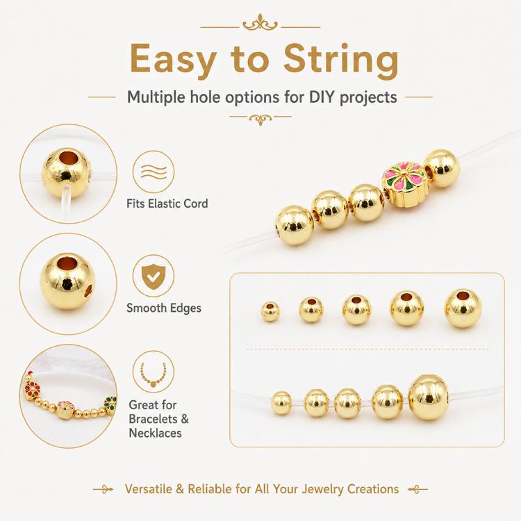 100 pezzi/confezione Perline distanziatrici rotonde placcate oro per la creazione di gioielli fai da te, finitura liscia, foro dritto, 4mm Hole 1.5mm, 4mm Hole 2mm, 5mm Hole 1.5mm, 5mm Hole 2mm