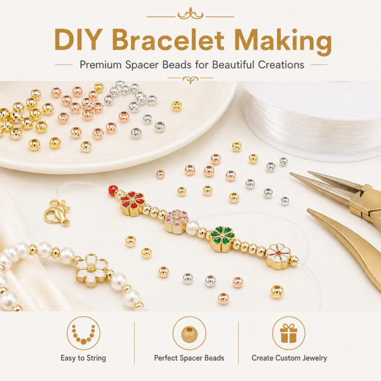 100 pezzi/confezione Perline distanziatrici rotonde placcate oro per la creazione di gioielli fai da te, finitura liscia, foro dritto, 4mm Hole 1.5mm, 4mm Hole 2mm, 5mm Hole 1.5mm, 5mm Hole 2mm