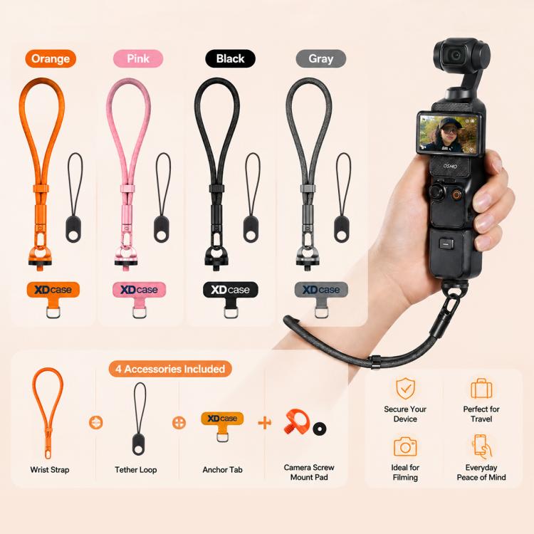Set XDcase 4 in 1 con cinturino da polso e cordino per fotocamera, compatibile con Insta360, DJI OSMO, reflex digitali e action cam.
