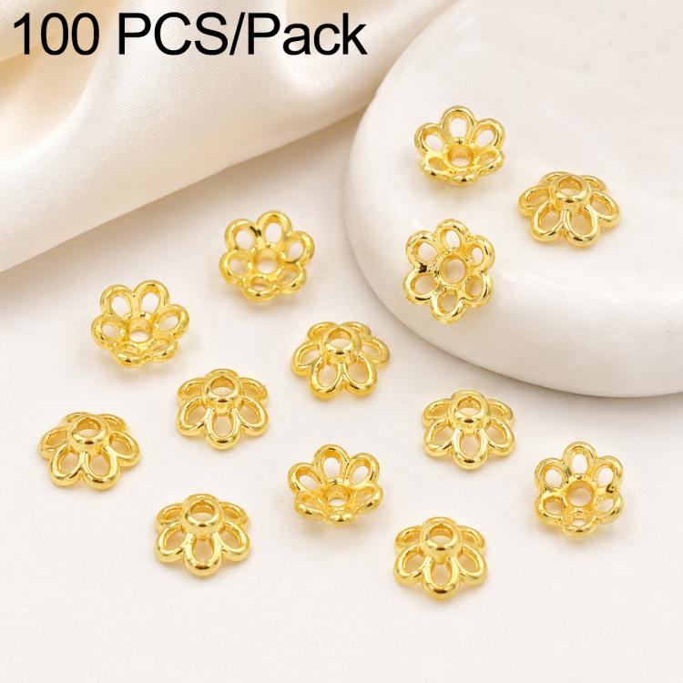 Confezione da 100 pezzi di copriperline a forma di fiore cavo placcati in oro, distanziatori per la creazione di gioielli fai da te., Multi-Petal 8-Petal 10mm, Hollow Smooth 6-Petal 7mm, 4-Petal 6mm, 5-Petal Flower Cap 6mm, 5-Petal Flower Cap 8mm      ...
