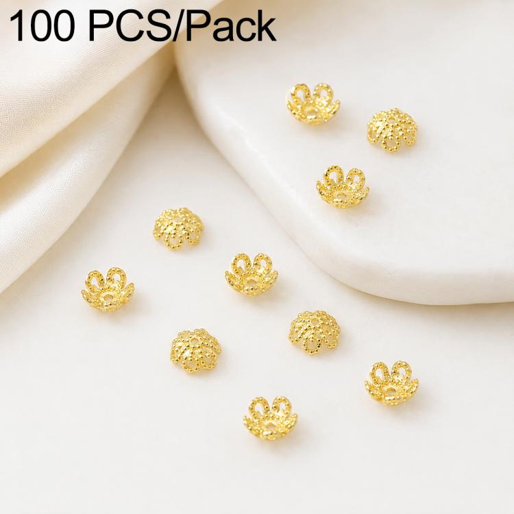 Confezione da 100 pezzi di copriperline a forma di fiore cavo placcati in oro, distanziatori per la creazione di gioielli fai da te., Multi-Petal 8-Petal 10mm, Hollow Smooth 6-Petal 7mm, 4-Petal 6mm, 5-Petal Flower Cap 6mm, 5-Petal Flower Cap 8mm      ...