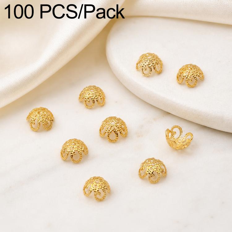 Confezione da 100 pezzi di copriperline a forma di fiore cavo placcati in oro, distanziatori per la creazione di gioielli fai da te., Multi-Petal 8-Petal 10mm, Hollow Smooth 6-Petal 7mm, 4-Petal 6mm, 5-Petal Flower Cap 6mm, 5-Petal Flower Cap 8mm      ...