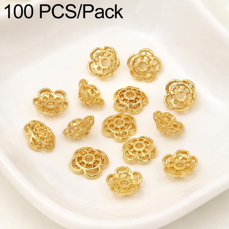 Confezione da 100 pezzi di copriperline a forma di fiore cavo placcati in oro, distanziatori per la creazione di gioielli fai da te., Multi-Petal 8-Petal 10mm, Hollow Smooth 6-Petal 7mm, 4-Petal 6mm, 5-Petal Flower Cap 6mm, 5-Petal Flower Cap 8mm      ...