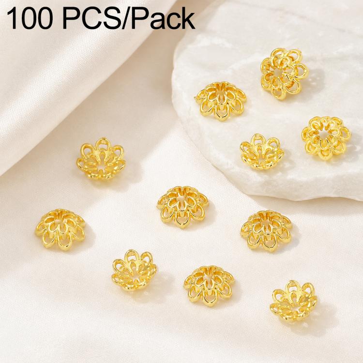 Confezione da 100 pezzi di copriperline a forma di fiore cavo placcati in oro, distanziatori per la creazione di gioielli fai da te., Multi-Petal 8-Petal 10mm, Hollow Smooth 6-Petal 7mm, 4-Petal 6mm, 5-Petal Flower Cap 6mm, 5-Petal Flower Cap 8mm      ...