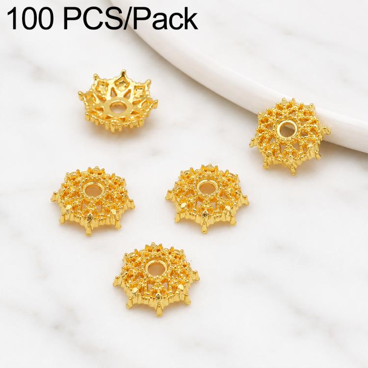 Confezione da 100 pezzi di copriperline a forma di fiore cavo placcati in oro, distanziatori per la creazione di gioielli fai da te., Circular Hollow 10mm, Solid Vertical Striped Bead Cap 8mm, 8-Pointed Star Flower Cap 8mm, 8-Pointed Star Flower Cap 11...