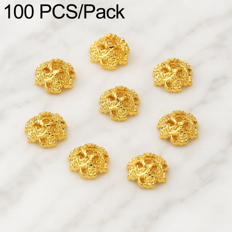 Confezione da 100 pezzi di copriperline a forma di fiore cavo placcati in oro, distanziatori per la creazione di gioielli fai da te., Circular Hollow 10mm, Solid Vertical Striped Bead Cap 8mm, 8-Pointed Star Flower Cap 8mm, 8-Pointed Star Flower Cap 11...