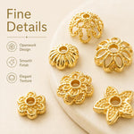 Confezione da 100 pezzi di copriperline a forma di fiore cavo placcati in oro, distanziatori per la creazione di gioielli fai da te., Smooth 5-Petal 4mm, 6-Petal Cap 4.5mm, 6-Petal Cap 5mm, 8-Petal 6mm, 8-Petal 8mm, 12-Petal 4mm, 12-Petal 6mm          ...