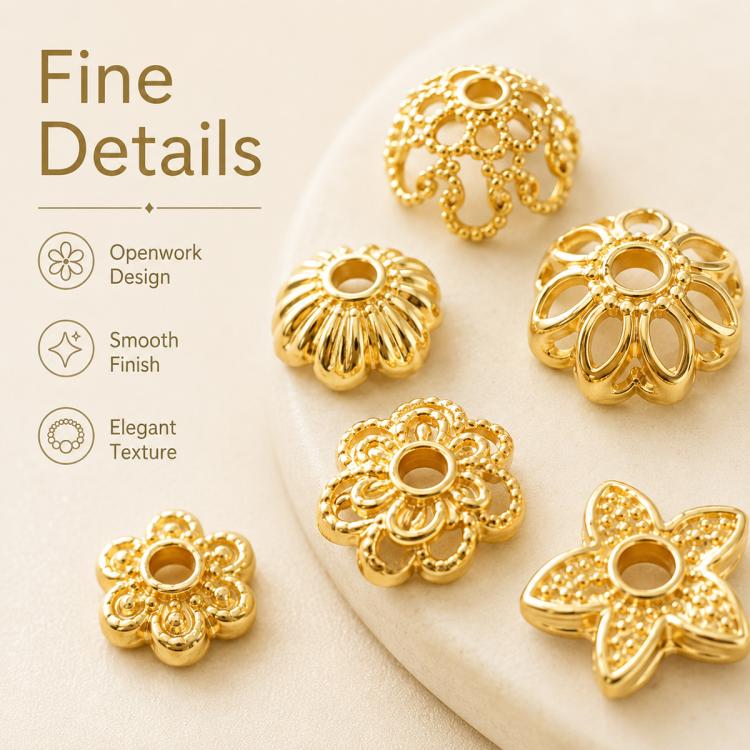 Confezione da 100 pezzi di copriperline a forma di fiore cavo placcati in oro, distanziatori per la creazione di gioielli fai da te., Multi-Petal 8-Petal 10mm, Hollow Smooth 6-Petal 7mm, 4-Petal 6mm, 5-Petal Flower Cap 6mm, 5-Petal Flower Cap 8mm      ...
