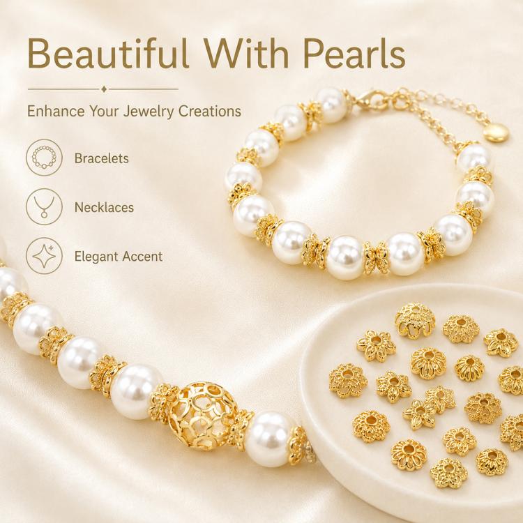 Confezione da 100 pezzi di copriperline a forma di fiore cavo placcati in oro, distanziatori per la creazione di gioielli fai da te., Smooth 5-Petal 4mm, 6-Petal Cap 4.5mm, 6-Petal Cap 5mm, 8-Petal 6mm, 8-Petal 8mm, 12-Petal 4mm, 12-Petal 6mm          ...