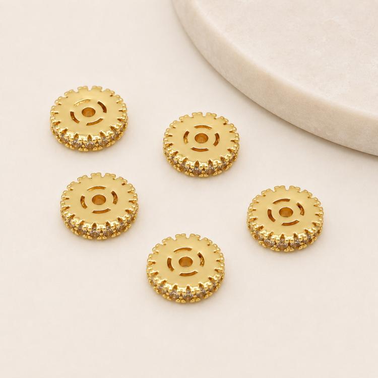 Confezione da 5 perline distanziatrici con foro e zirconi incastonati, placcate in oro, per la creazione di gioielli fai da te., Honeycomb Coin Zircon 4.5mm, Dual-Hole Zircon Bead, Zircon Heart-Shaped Bead, Planet Orbit Zircon, Zircon Spacer 6mm       ...