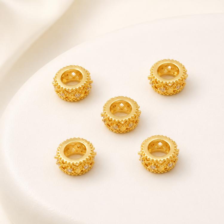 Confezione da 5 perline distanziatrici con foro e zirconi incastonati, placcate in oro, per la creazione di gioielli fai da te., Honeycomb Coin Zircon 4.5mm, Dual-Hole Zircon Bead, Zircon Heart-Shaped Bead, Planet Orbit Zircon, Zircon Spacer 6mm       ...