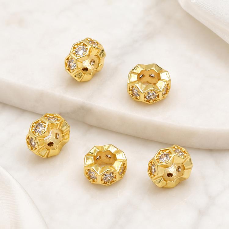 Confezione da 5 perline distanziatrici con foro e zirconi incastonati, placcate in oro, per la creazione di gioielli fai da te., Dual-Hole Snowflake Bead, Snowflake Bow Diamond Bead, Hexagonal Zircon Bead 8mm, 2-row Diamond Pig Nose Oval               ...