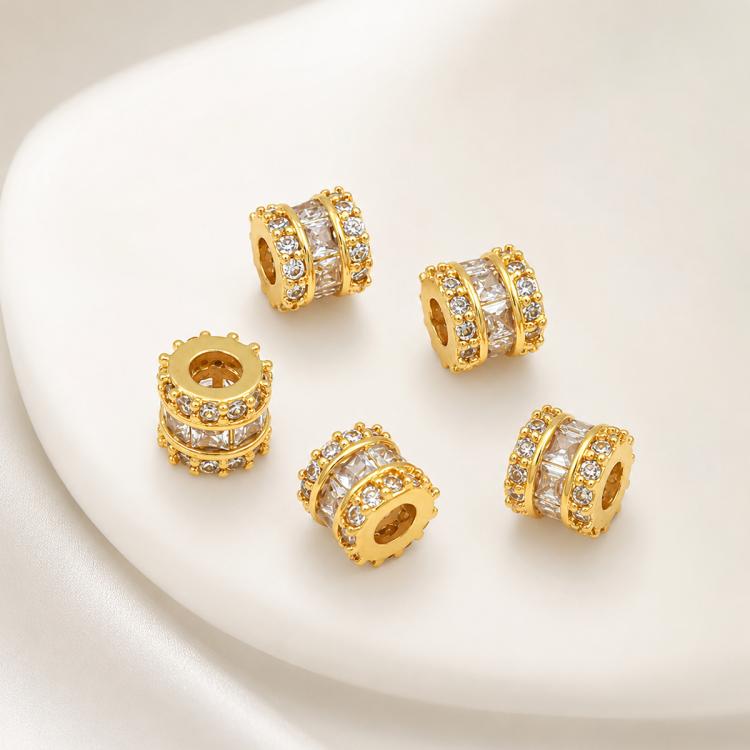 Confezione da 5 perline distanziatrici con foro e zirconi incastonati, placcate in oro, per la creazione di gioielli fai da te., Dual-Hole Snowflake Bead, Snowflake Bow Diamond Bead, Hexagonal Zircon Bead 8mm, 2-row Diamond Pig Nose Oval               ...