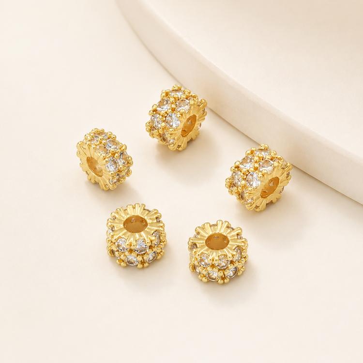 Confezione da 5 perline distanziatrici con foro e zirconi incastonati, placcate in oro, per la creazione di gioielli fai da te., Dual-Hole Snowflake Bead, Snowflake Bow Diamond Bead, Hexagonal Zircon Bead 8mm, 2-row Diamond Pig Nose Oval               ...