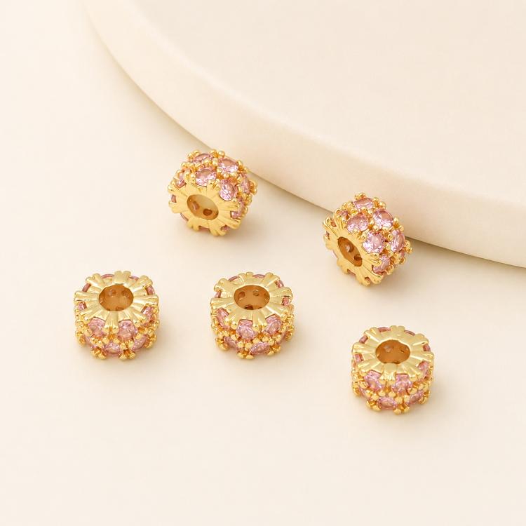 Confezione da 5 perline distanziatrici con foro e zirconi incastonati, placcate in oro, per la creazione di gioielli fai da te., Dual-Hole Snowflake Bead, Snowflake Bow Diamond Bead, Hexagonal Zircon Bead 8mm, 2-row Diamond Pig Nose Oval               ...