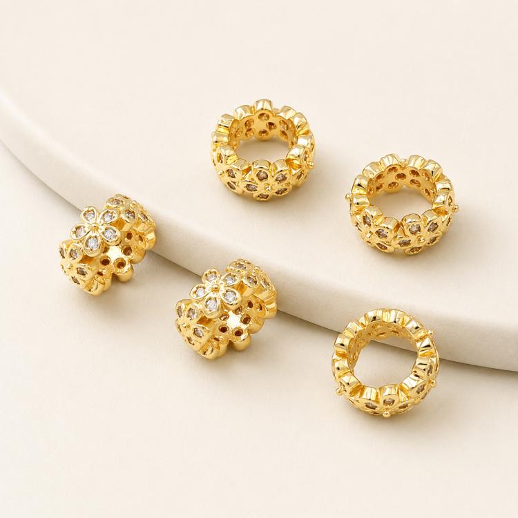 Confezione da 5 perline distanziatrici con foro e zirconi incastonati, placcate in oro, per la creazione di gioielli fai da te., Dual-Hole Snowflake Bead, Snowflake Bow Diamond Bead, Hexagonal Zircon Bead 8mm, 2-row Diamond Pig Nose Oval               ...