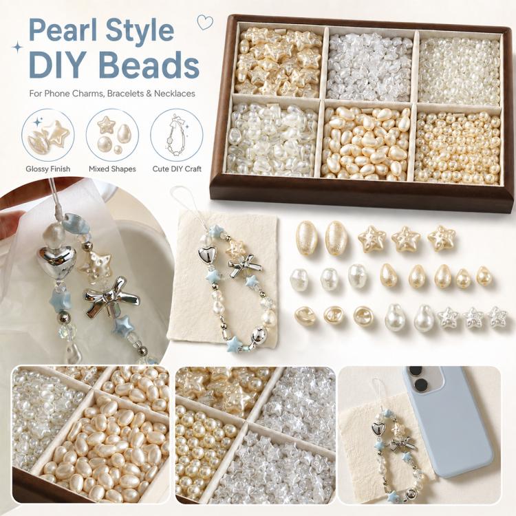 Confezione da 20 perline irregolari in finta perla, accessori fai da te per laccetti per cellulari., Glossy White Star Bead, Large Beige Star Bead, Beige Bead, Beige Wrinkled Teardrop Bead, Irregular White Wrinkled  Bead, Beige Wrinkled Rice Bead      ...