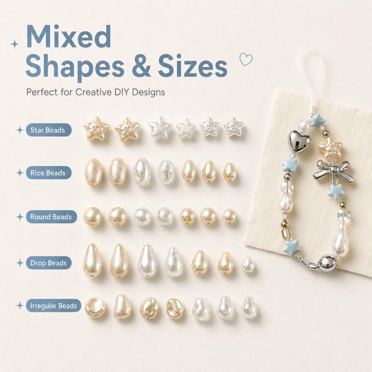 Confezione da 20 perline irregolari in finta perla, accessori fai da te per laccetti per cellulari., Glossy White Star Bead, Large Beige Star Bead, Beige Bead, Beige Wrinkled Teardrop Bead, Irregular White Wrinkled  Bead, Beige Wrinkled Rice Bead      ...