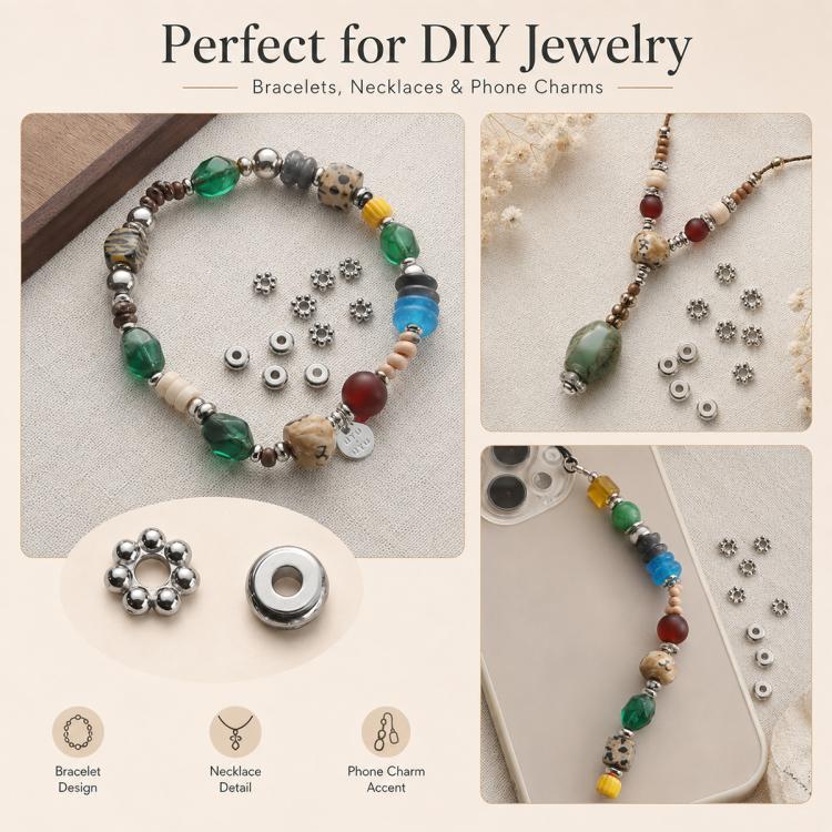 Set di 2 distanziatori e perline in acciaio al titanio antiossidante, accessori fai da te per cinturini per cellulari., Spacer Bead 3 mm, Spacer Bead 4 mm, Spacer Bead 5 mm, Spacer Bead 6 mm, Spacer Bead 8 mm, Flower Spacer Bead 5 mm, Pumpkin Bead 4 mm...