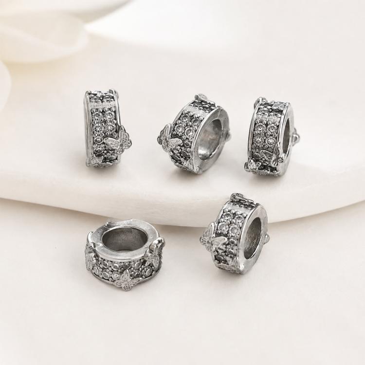 Confezione da 5 perline distanziatrici con foro e zirconi incastonati, placcate in oro, per la creazione di gioielli fai da te., Butterfly Zircon Ring 8.5mm, 4-Leaf Clover Zircon Bead 7mm, Cubic 4-Diamond Bead 6mm, Ripple Round Bead 5mm                ...