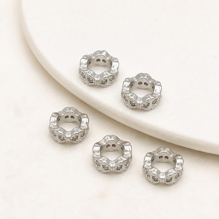 Confezione da 5 perline distanziatrici con foro e zirconi incastonati, placcate in oro, per la creazione di gioielli fai da te., Dual-Row Zircon 9mm, Wheel Bead 3.3x8.1x5mm, Horse-eye Zircon Bead 3.45x7.6x5mm, Cross Bead 5.6mm Hole 1.35mm              ...