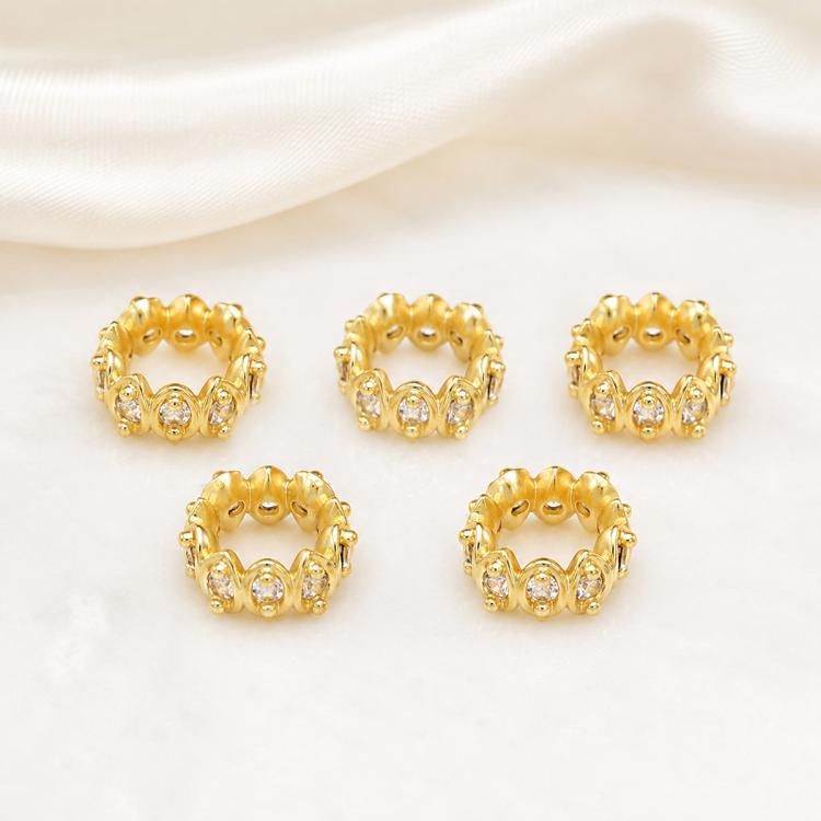 Confezione da 5 perline distanziatrici con foro e zirconi incastonati, placcate in oro, per la creazione di gioielli fai da te., Dual-Row Zircon 9mm, Wheel Bead 3.3x8.1x5mm, Horse-eye Zircon Bead 3.45x7.6x5mm, Cross Bead 5.6mm Hole 1.35mm              ...