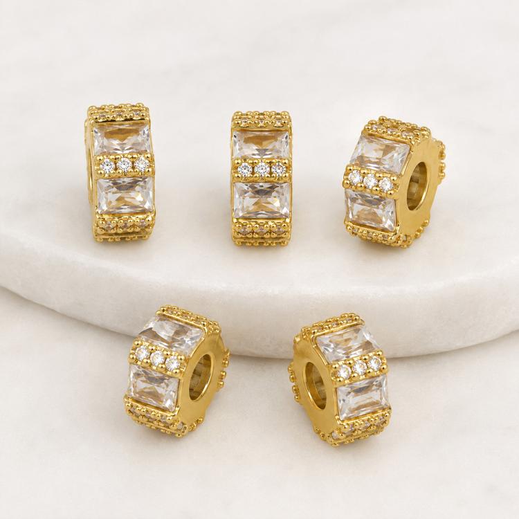 Confezione da 5 perline distanziatrici con foro e zirconi incastonati, placcate in oro, per la creazione di gioielli fai da te., Zircon Twisted Loop Bead 10x10.4x6mm, Square Zircon Hexagoan Bead 10mm