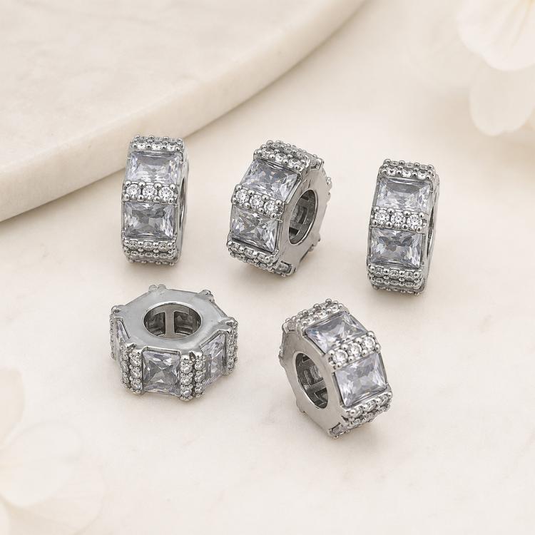 Confezione da 5 perline distanziatrici con foro e zirconi incastonati, placcate in oro, per la creazione di gioielli fai da te., Zircon Twisted Loop Bead 10x10.4x6mm, Square Zircon Hexagoan Bead 10mm