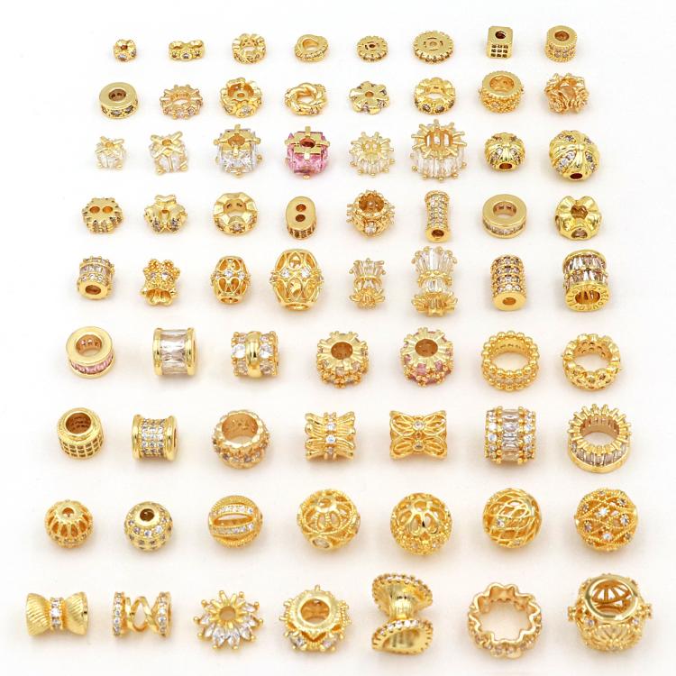 Confezione da 5 perline distanziatrici con foro e zirconi incastonati, placcate in oro, per la creazione di gioielli fai da te., Butterfly Zircon Ring 8.5mm, 4-Leaf Clover Zircon Bead 7mm, Cubic 4-Diamond Bead 6mm, Ripple Round Bead 5mm                ...