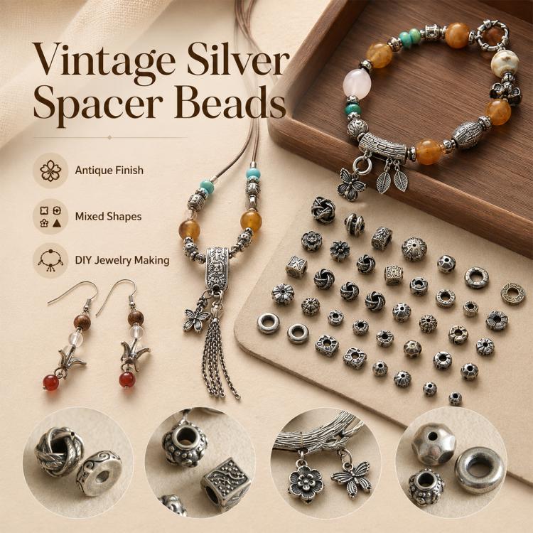 Set di 5 distanziatori e perline vintage in argento resistenti all'ossidazione, accessori fai da te, Twisted Bead, Auspicious Cloud Spacer, Textured Saucer Bead, Irregular Shape Bead, Small Bead, Irregular Saucer Bead, Circle Bead, Coin Bead           ...
