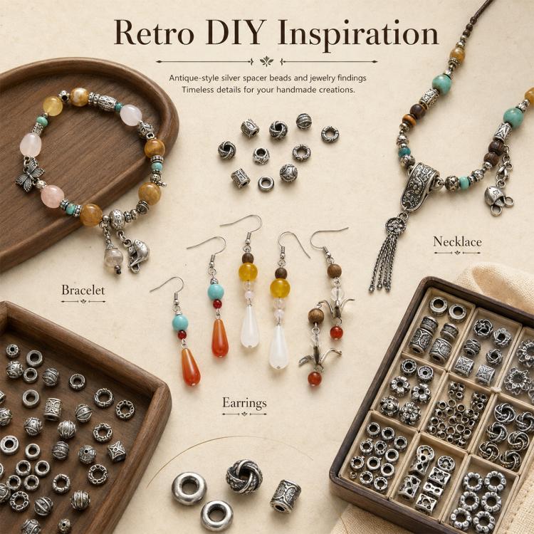Distanziatori e perline vintage in argento resistenti all'ossidazione, accessori fai da te