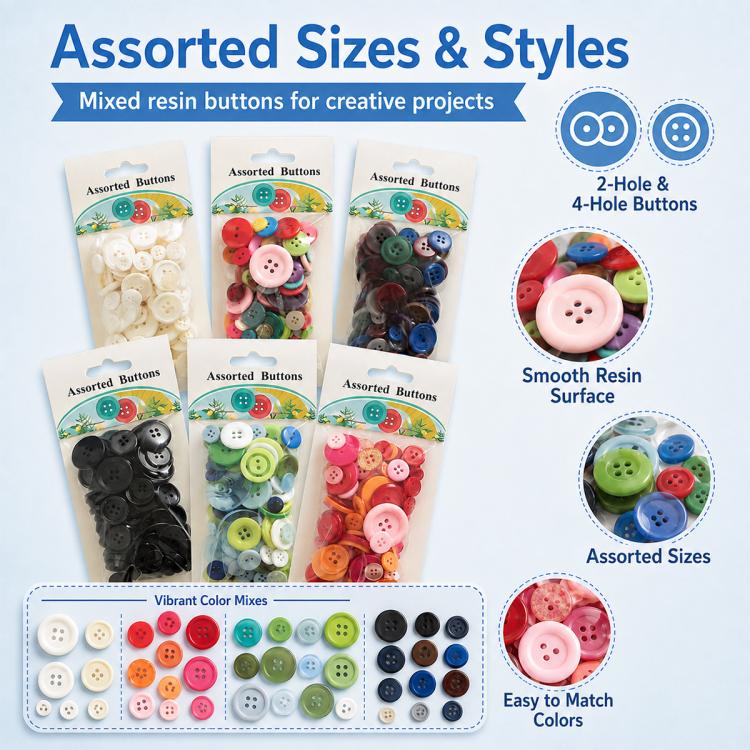 60 g/confezione Bottoni rotondi in resina colorati di varie dimensioni Kit per lavoretti fai da te per bambini, 100-200 pezzi/confezione, Round