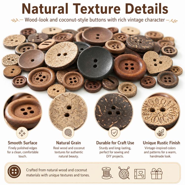 Bottoni in legno di cocco color legno naturale, misure miste, 100 g/confezione, 100-150 pezzi/confezione