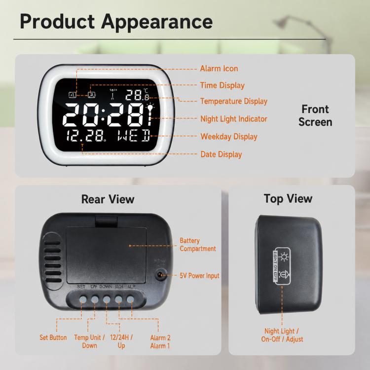 Orologio digitale elettronico DS-5801 con display LED intelligente della temperatura e luce notturna.