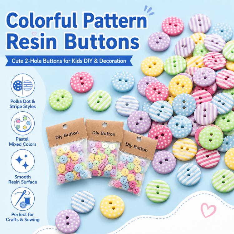 Bottoni rotondi in resina da 1,5 cm con motivi a pois e righe colorate, confezione da 50 pezzi., Round