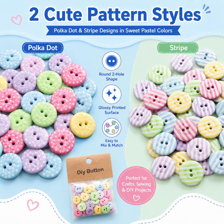 Bottoni rotondi in resina da 1,5 cm con motivi a pois e righe colorate, confezione da 50 pezzi., Round