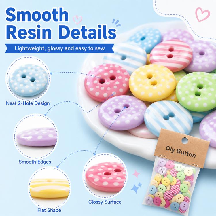 Bottoni rotondi in resina da 1,5 cm con motivi a pois e righe colorate, confezione da 50 pezzi., Round