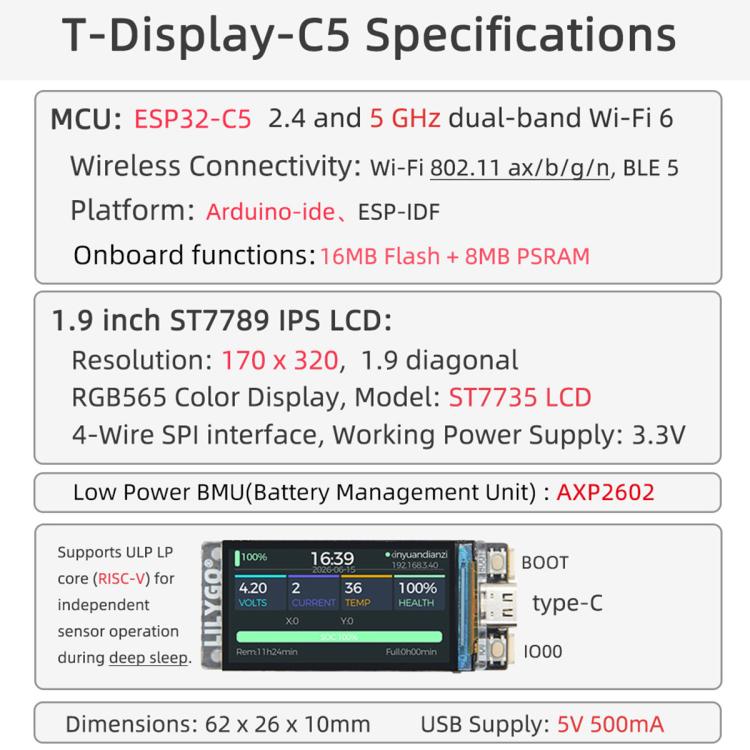 Modulo LILYGO T-Display-C5 con MCU ESP32-C5, supporta Wi-Fi6, BLE5 e display LCD BMU., T-Display-C5